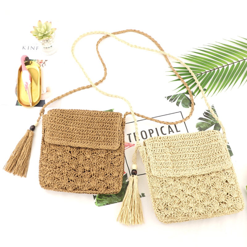 Factory Price Ins New Fan Crochet Paper String Flip Woven Bag Crossbody Straw Bag Beach Casual Women's Bag