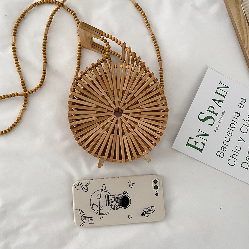 INS Bamboo Woven Woven Bag Female 2021 Summer New Fresh Internet Celebrity Holiday Portable Small round Shoulder Bag Tide