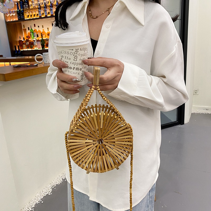 INS Bamboo Woven Woven Bag Female 2021 Summer New Fresh Internet Celebrity Holiday Portable Small round Shoulder Bag Tide