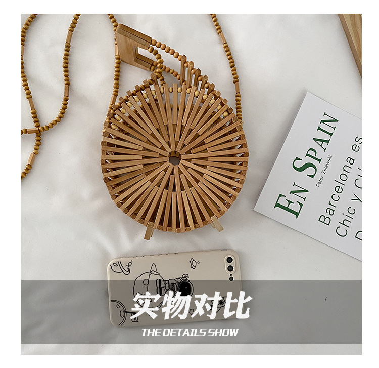INS Bamboo Woven Woven Bag Female 2021 Summer New Fresh Internet Celebrity Holiday Portable Small round Shoulder Bag Tide