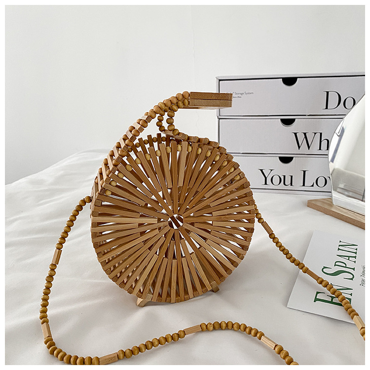 INS Bamboo Woven Woven Bag Female 2021 Summer New Fresh Internet Celebrity Holiday Portable Small round Shoulder Bag Tide