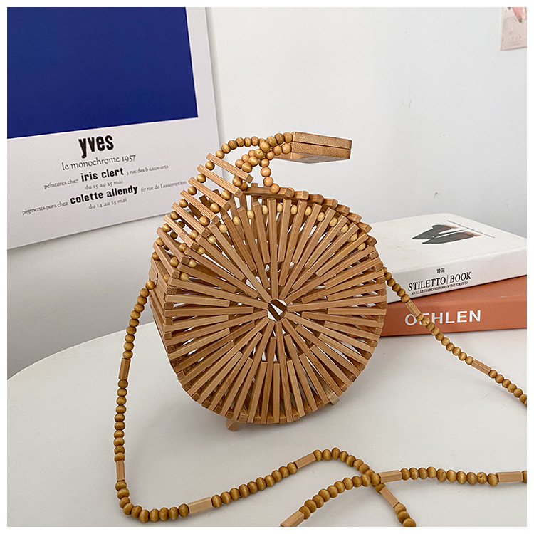 INS Bamboo Woven Woven Bag Female 2021 Summer New Fresh Internet Celebrity Holiday Portable Small round Shoulder Bag Tide