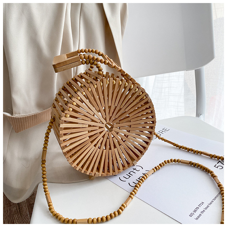 INS Bamboo Woven Woven Bag Female 2021 Summer New Fresh Internet Celebrity Holiday Portable Small round Shoulder Bag Tide