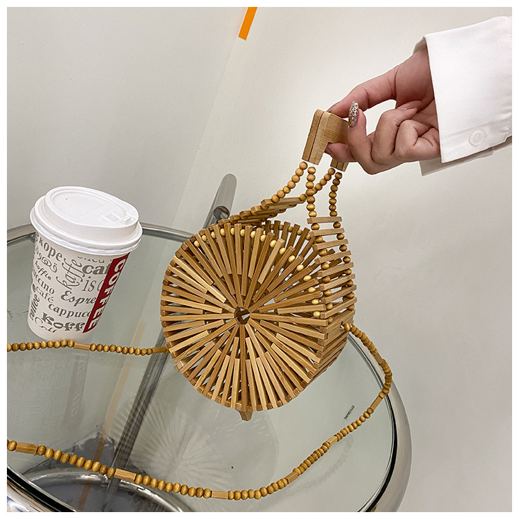 INS Bamboo Woven Woven Bag Female 2021 Summer New Fresh Internet Celebrity Holiday Portable Small round Shoulder Bag Tide