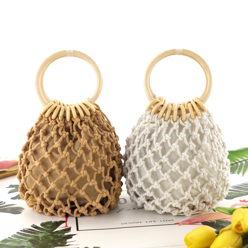 New Cotton Mesh Pocket Hand Drawstring Woven Bag Hand Carrying Fresh Straw Bag Casual Women&#039;s Bag Beach Bag HTT