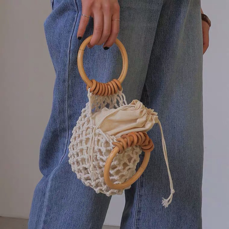 New Cotton Mesh Pocket Hand Drawstring Woven Bag Hand Carrying Fresh Straw Bag Casual Women's Bag Beach Bag HTT New Cotton Mesh Pocket Hand Drawstring Woven Bag Hand Carrying Fresh Straw Bag Casual Women's Bag Beach Bag HTT