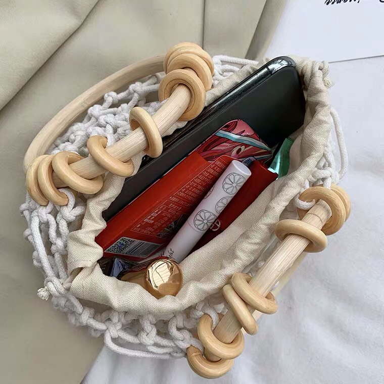 New Cotton Mesh Pocket Hand Drawstring Woven Bag Hand Carrying Fresh Straw Bag Casual Women's Bag Beach Bag HTT New Cotton Mesh Pocket Hand Drawstring Woven Bag Hand Carrying Fresh Straw Bag Casual Women's Bag Beach Bag HTT