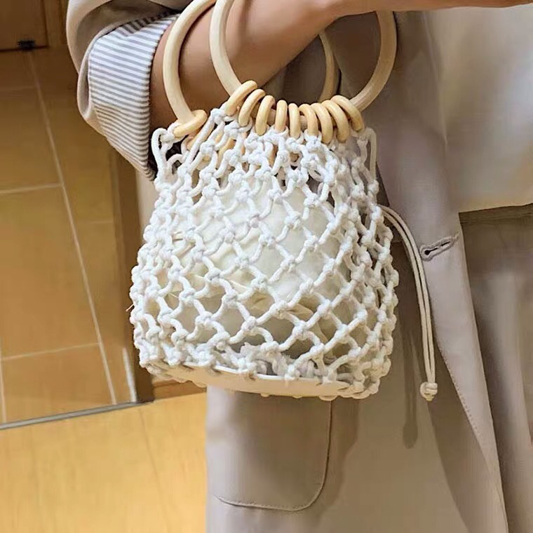New Cotton Mesh Pocket Hand Drawstring Woven Bag Hand Carrying Fresh Straw Bag Casual Women's Bag Beach Bag HTT New Cotton Mesh Pocket Hand Drawstring Woven Bag Hand Carrying Fresh Straw Bag Casual Women's Bag Beach Bag HTT