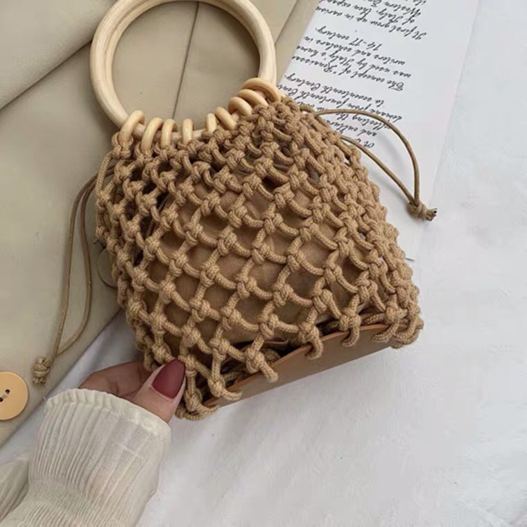 New Cotton Mesh Pocket Hand Drawstring Woven Bag Hand Carrying Fresh Straw Bag Casual Women's Bag Beach Bag HTT New Cotton Mesh Pocket Hand Drawstring Woven Bag Hand Carrying Fresh Straw Bag Casual Women's Bag Beach Bag HTT