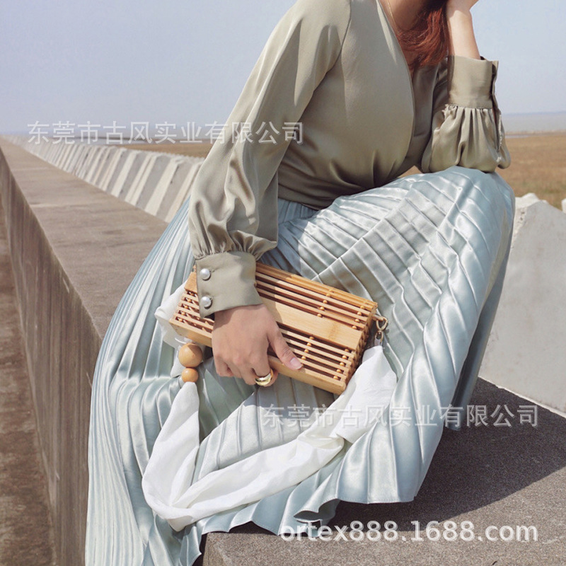 Antique Style New Ins Rattan Bag Light Luxury Woven Bag Straw Bag Holiday Portable Shoulder Bag Bamboo Basket Bag Female