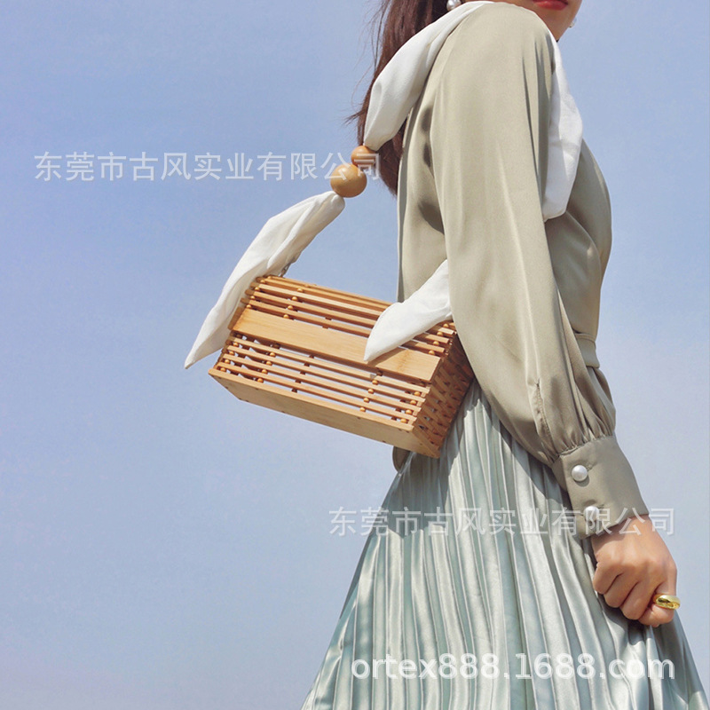 Antique Style New Ins Rattan Bag Light Luxury Woven Bag Straw Bag Holiday Portable Shoulder Bag Bamboo Basket Bag Female