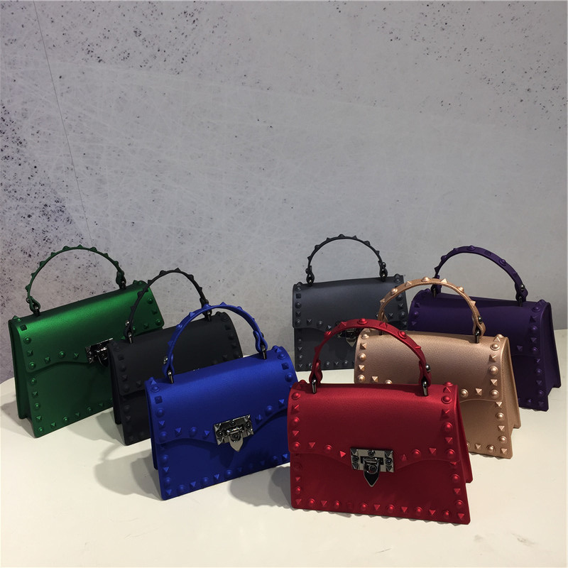 2022 European and American New Fashion Frosted and Matte PVC Gel Bag Trendy Colorful Crystals Rivet Hand-Carrying Shoulder Messenger Bag