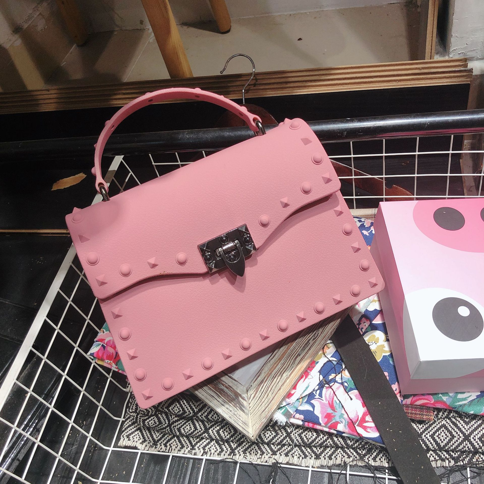 2022 European and American New Fashion Frosted and Matte PVC Gel Bag Trendy Colorful Crystals Rivet Hand-Carrying Shoulder Messenger Bag