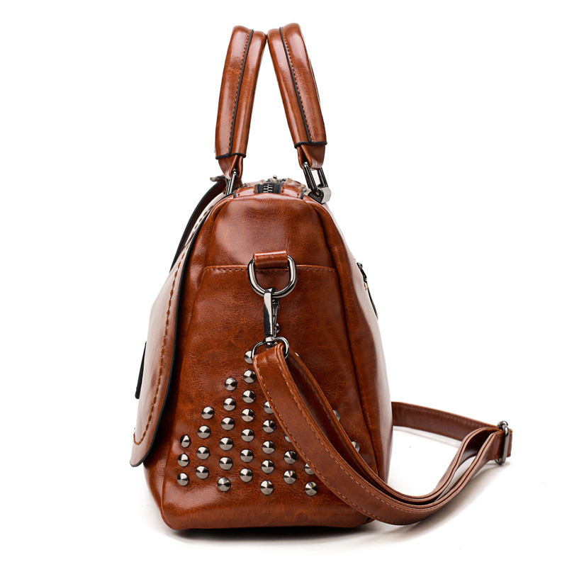 Foreign Trade New Women&#039;s Bag European and American Retro Handbag Oily Leather Rivet Women&#039;s Bag Crossbody Bag Women&#039;s Shoulder Bag One Piece Dropshipping