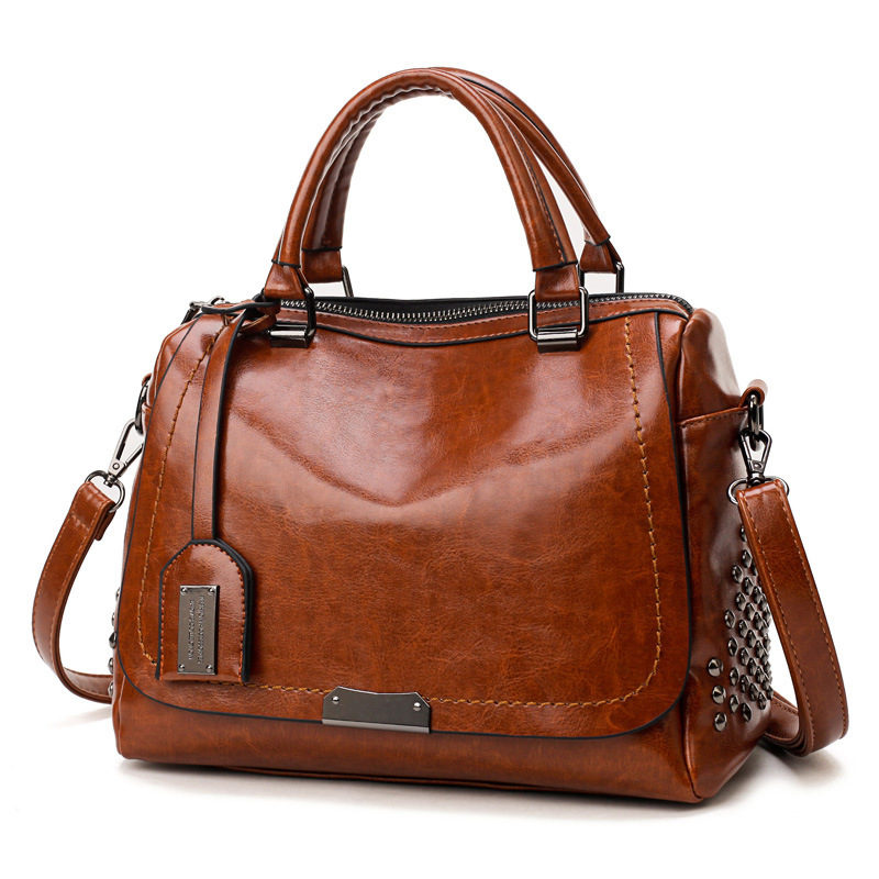 Foreign Trade New Women&#039;s Bag European and American Retro Handbag Oily Leather Rivet Women&#039;s Bag Crossbody Bag Women&#039;s Shoulder Bag One Piece Dropshipping