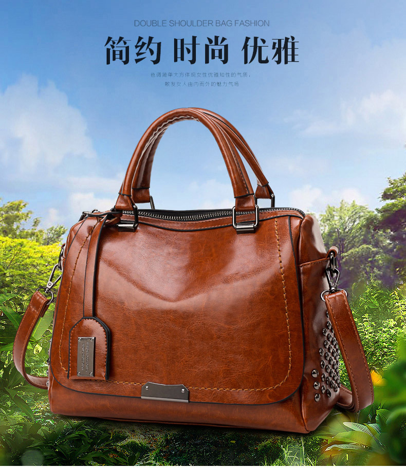 Foreign Trade New Women's Bag European and American Retro Handbag Oily Leather Rivet Women's Bag Crossbody Bag Women's Shoulder Bag One Piece Dropshipping Foreign Trade New Women's Bag European and American Retro Handbag Oily Leather Rivet Women's Bag Crossbody Bag Women's Shoulder Bag One Piece Dropshipping