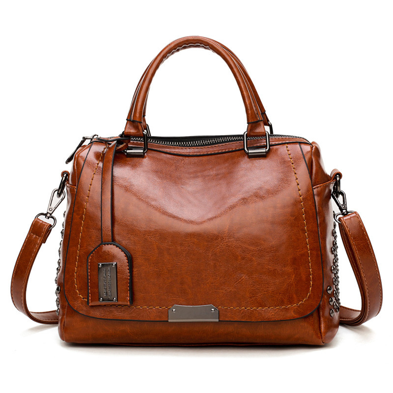 Foreign Trade New Women&#039;s Bag European and American Retro Handbag Oily Leather Rivet Women&#039;s Bag Crossbody Bag Women&#039;s Shoulder Bag One Piece Dropshipping
