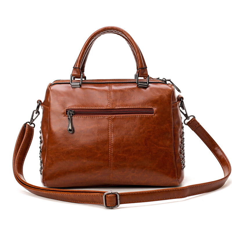 Foreign Trade New Women&#039;s Bag European and American Retro Handbag Oily Leather Rivet Women&#039;s Bag Crossbody Bag Women&#039;s Shoulder Bag One Piece Dropshipping