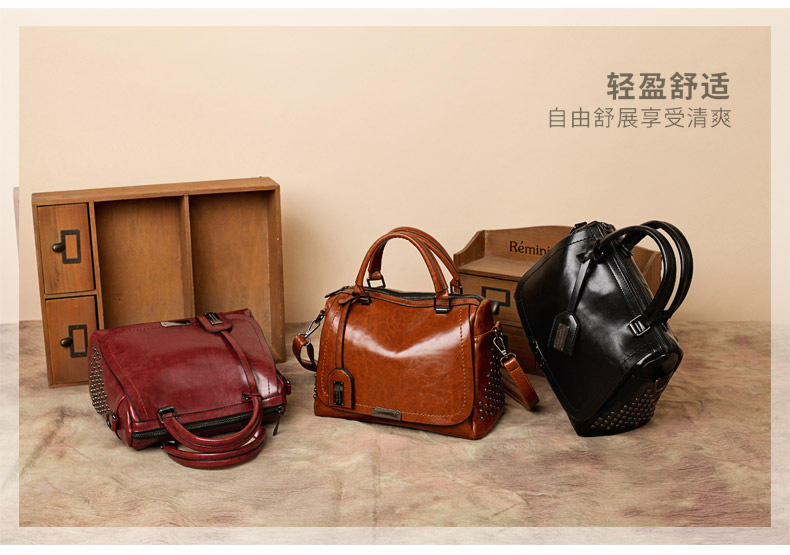 Foreign Trade New Women's Bag European and American Retro Handbag Oily Leather Rivet Women's Bag Crossbody Bag Women's Shoulder Bag One Piece Dropshipping Foreign Trade New Women's Bag European and American Retro Handbag Oily Leather Rivet Women's Bag Crossbody Bag Women's Shoulder Bag One Piece Dropshipping