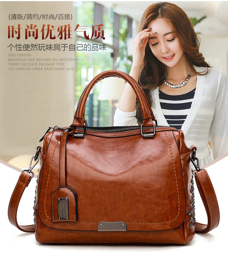 Foreign Trade New Women's Bag European and American Retro Handbag Oily Leather Rivet Women's Bag Crossbody Bag Women's Shoulder Bag One Piece Dropshipping Foreign Trade New Women's Bag European and American Retro Handbag Oily Leather Rivet Women's Bag Crossbody Bag Women's Shoulder Bag One Piece Dropshipping
