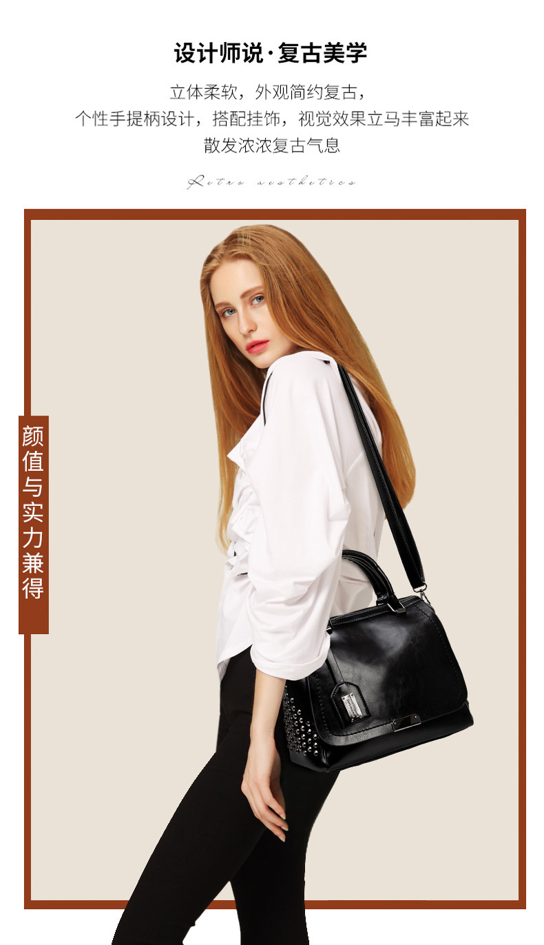 Foreign Trade New Women's Bag European and American Retro Handbag Oily Leather Rivet Women's Bag Crossbody Bag Women's Shoulder Bag One Piece Dropshipping Foreign Trade New Women's Bag European and American Retro Handbag Oily Leather Rivet Women's Bag Crossbody Bag Women's Shoulder Bag One Piece Dropshipping