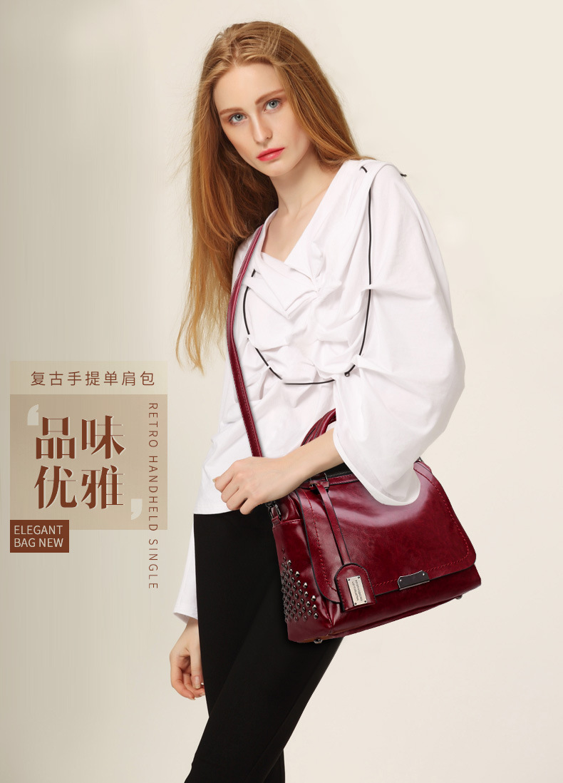 Foreign Trade New Women's Bag European and American Retro Handbag Oily Leather Rivet Women's Bag Crossbody Bag Women's Shoulder Bag One Piece Dropshipping Foreign Trade New Women's Bag European and American Retro Handbag Oily Leather Rivet Women's Bag Crossbody Bag Women's Shoulder Bag One Piece Dropshipping