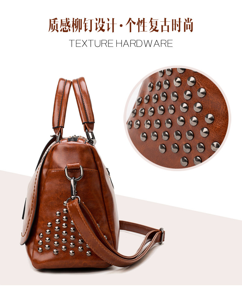 Foreign Trade New Women's Bag European and American Retro Handbag Oily Leather Rivet Women's Bag Crossbody Bag Women's Shoulder Bag One Piece Dropshipping Foreign Trade New Women's Bag European and American Retro Handbag Oily Leather Rivet Women's Bag Crossbody Bag Women's Shoulder Bag One Piece Dropshipping