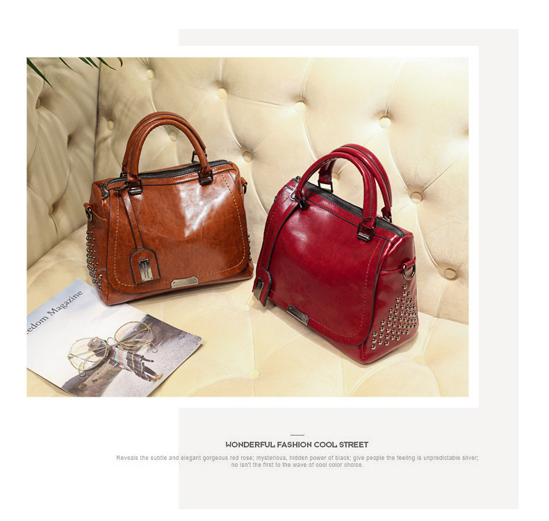 Foreign Trade New Women's Bag European and American Retro Handbag Oily Leather Rivet Women's Bag Crossbody Bag Women's Shoulder Bag One Piece Dropshipping Foreign Trade New Women's Bag European and American Retro Handbag Oily Leather Rivet Women's Bag Crossbody Bag Women's Shoulder Bag One Piece Dropshipping