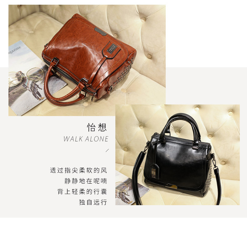 Foreign Trade New Women's Bag European and American Retro Handbag Oily Leather Rivet Women's Bag Crossbody Bag Women's Shoulder Bag One Piece Dropshipping Foreign Trade New Women's Bag European and American Retro Handbag Oily Leather Rivet Women's Bag Crossbody Bag Women's Shoulder Bag One Piece Dropshipping