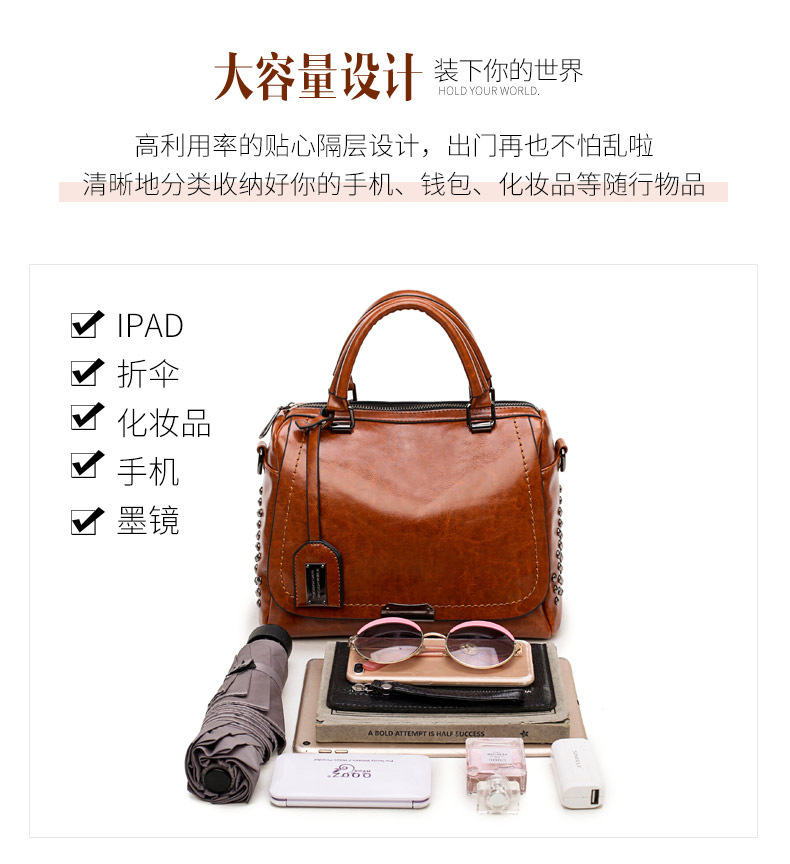 Foreign Trade New Women's Bag European and American Retro Handbag Oily Leather Rivet Women's Bag Crossbody Bag Women's Shoulder Bag One Piece Dropshipping Foreign Trade New Women's Bag European and American Retro Handbag Oily Leather Rivet Women's Bag Crossbody Bag Women's Shoulder Bag One Piece Dropshipping