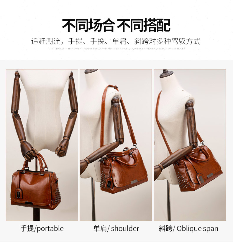 Foreign Trade New Women's Bag European and American Retro Handbag Oily Leather Rivet Women's Bag Crossbody Bag Women's Shoulder Bag One Piece Dropshipping Foreign Trade New Women's Bag European and American Retro Handbag Oily Leather Rivet Women's Bag Crossbody Bag Women's Shoulder Bag One Piece Dropshipping
