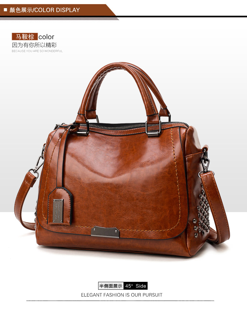 Foreign Trade New Women's Bag European and American Retro Handbag Oily Leather Rivet Women's Bag Crossbody Bag Women's Shoulder Bag One Piece Dropshipping Foreign Trade New Women's Bag European and American Retro Handbag Oily Leather Rivet Women's Bag Crossbody Bag Women's Shoulder Bag One Piece Dropshipping