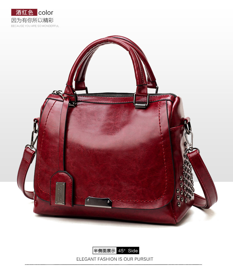 Foreign Trade New Women's Bag European and American Retro Handbag Oily Leather Rivet Women's Bag Crossbody Bag Women's Shoulder Bag One Piece Dropshipping Foreign Trade New Women's Bag European and American Retro Handbag Oily Leather Rivet Women's Bag Crossbody Bag Women's Shoulder Bag One Piece Dropshipping