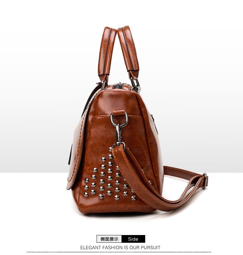 Foreign Trade New Women's Bag European and American Retro Handbag Oily Leather Rivet Women's Bag Crossbody Bag Women's Shoulder Bag One Piece Dropshipping Foreign Trade New Women's Bag European and American Retro Handbag Oily Leather Rivet Women's Bag Crossbody Bag Women's Shoulder Bag One Piece Dropshipping