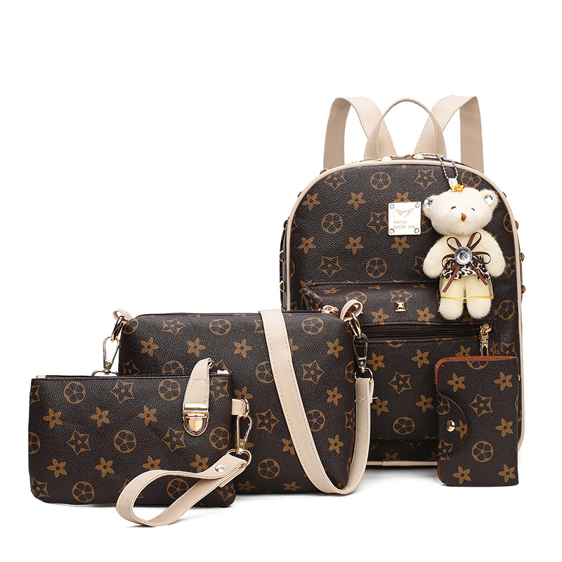 New Women&#039;s Bag Korean Fashion Four-Piece Set Mother and Child Bag Bear Rivet Women&#039;s Backpack