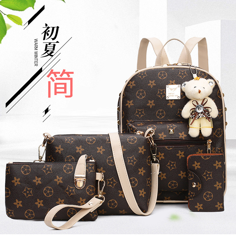 New Women&#039;s Bag Korean Fashion Four-Piece Set Mother and Child Bag Bear Rivet Women&#039;s Backpack