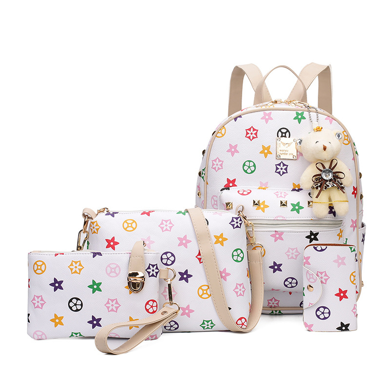 New Women&#039;s Bag Korean Fashion Four-Piece Set Mother and Child Bag Bear Rivet Women&#039;s Backpack