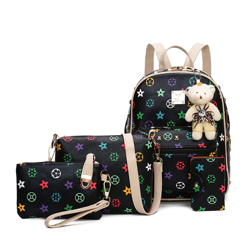 New Women&#039;s Bag Korean Fashion Four-Piece Set Mother and Child Bag Bear Rivet Women&#039;s Backpack