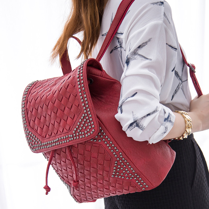 2015 new fashion woven backpack Korean star rivet bag