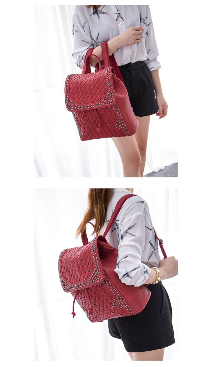 2015 new fashion woven backpack Korean star rivet bag