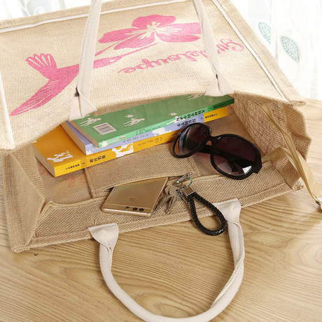 Factory Wholesale Bohemian Printed Jute Bag Ladies Barrel Tote Zipper Flower Bag in Stock