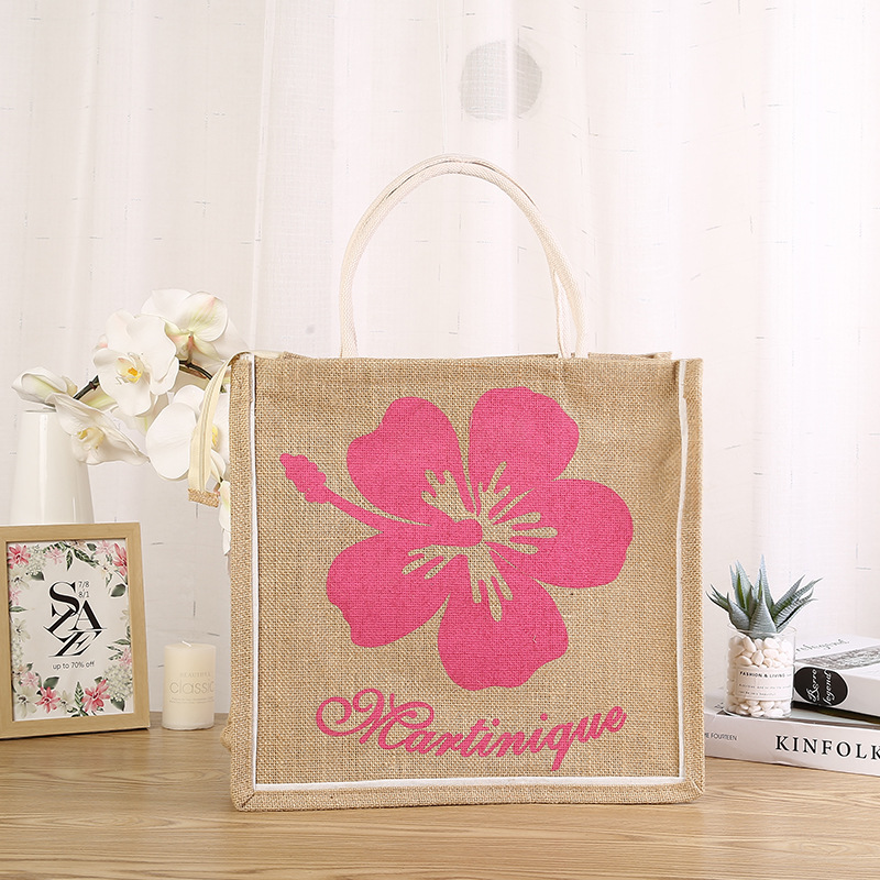 Factory Wholesale Bohemian Printed Jute Bag Ladies Barrel Tote Zipper Flower Bag in Stock