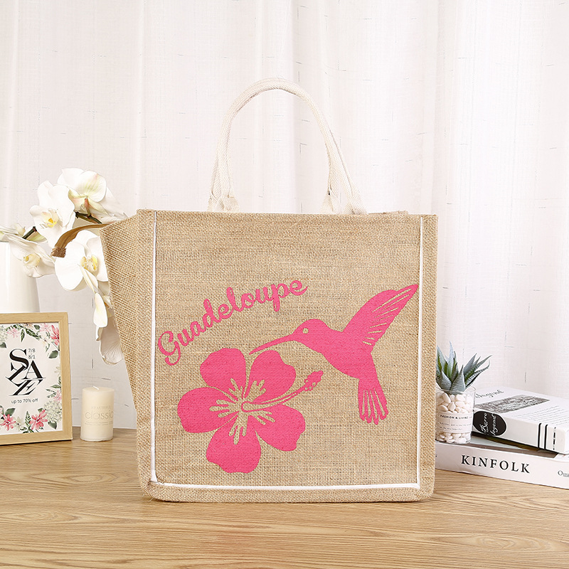 Factory Wholesale Bohemian Printed Jute Bag Ladies Barrel Tote Zipper Flower Bag in Stock