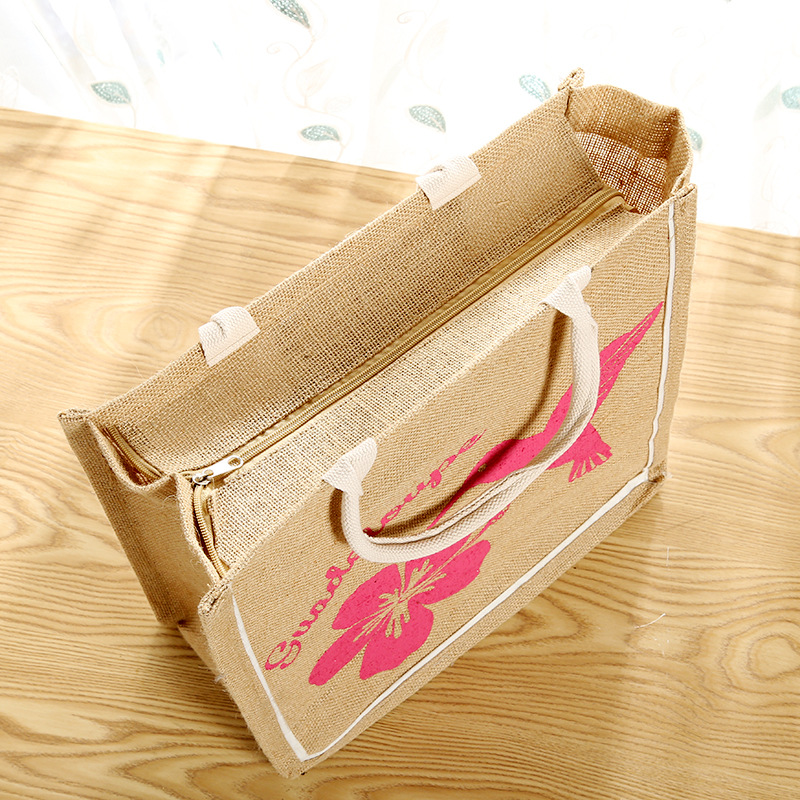 Factory Wholesale Bohemian Printed Jute Bag Ladies Barrel Tote Zipper Flower Bag in Stock