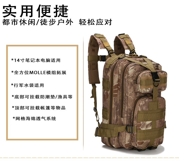 Factory in Stock Wholesale Military Fans Combat Bag Outdoor Sports Hiking Bag 30L Oxford Waterproof Camouflage 3P Backpack