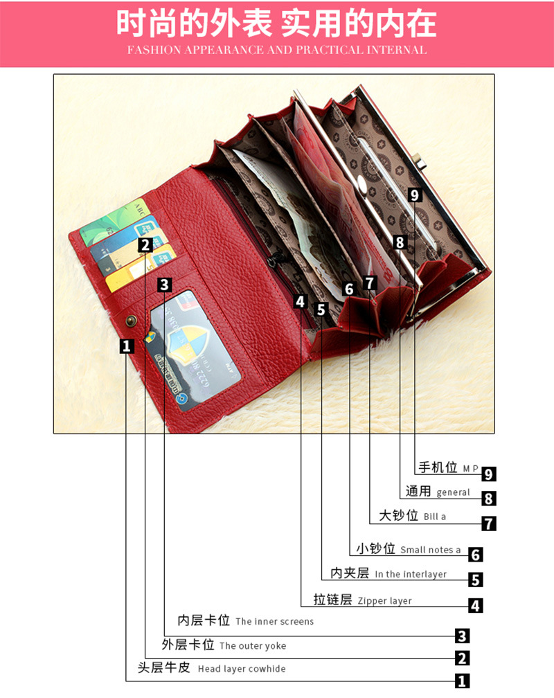 Ladies real leather wallet Ladies baotou layer cowhide long purse classic handbag Chinese red bag wallet