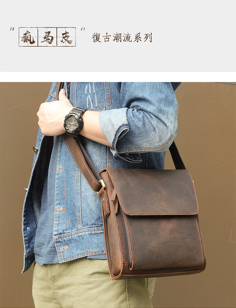 Jiameida New Men's Real-Leather Bag Retro Crazy Horse Leather Men's Shoulder Bag European and American Fashion Cattlehide Leather Crossbody Bag 7055