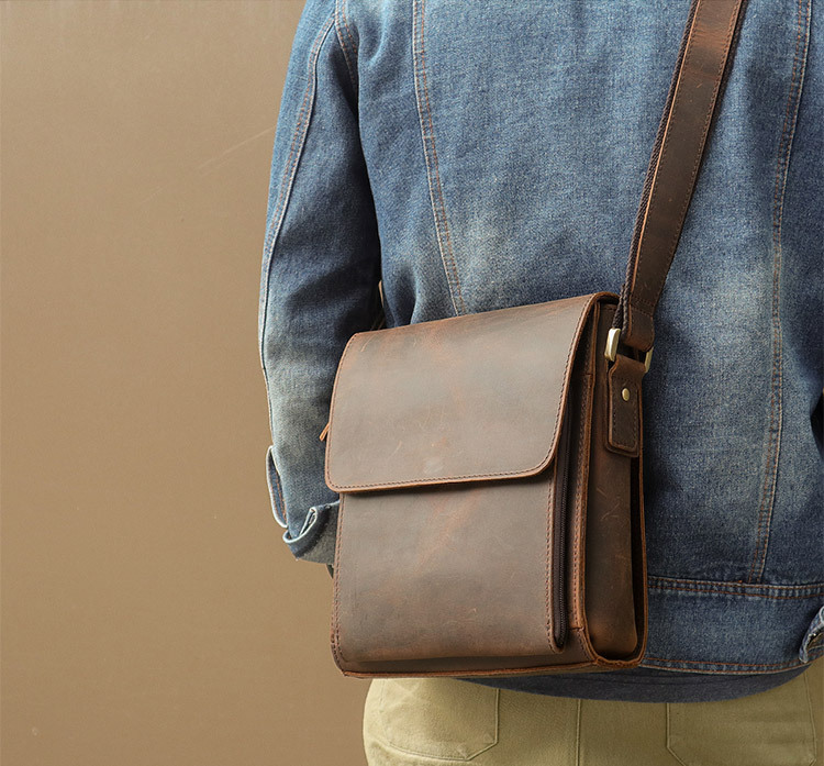 Jiameida New Men's Real-Leather Bag Retro Crazy Horse Leather Men's Shoulder Bag European and American Fashion Cattlehide Leather Crossbody Bag 7055
