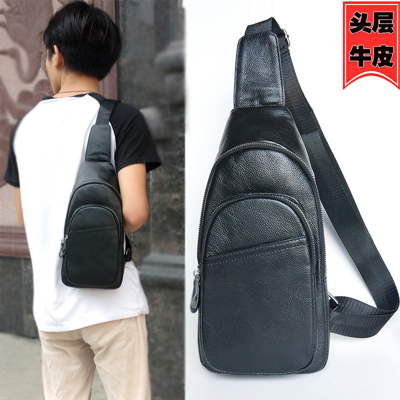 Genuine Leather Chest Bag Men&#039;s First Layer Cowhide Korean Style Men&#039;s Real-Leather Bag Crossbody Bag Casual Shoulder Crossbody Sports Shoulder Bag