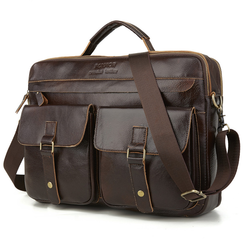 Foreign Trade Men&#039;s Real-Leather Bag Handbag Multi-Layer Zipper Men&#039;s Briefcase Oil Wax Leather Shoulder Messenger Bag Cross-Border Exclusive